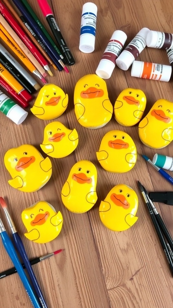 Colorful painted rocks shaped like ducks on a wooden table with art supplies.